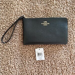 Coach Black Leather Wristlet with Gold Accents